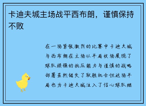卡迪夫城主场战平西布朗,谨慎保持不败