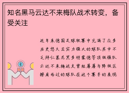 知名黑马云达不来梅队战术转变,备受关注