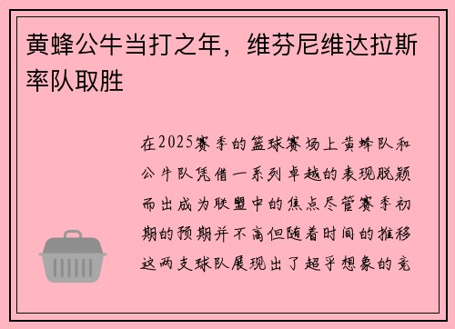 黄蜂公牛当打之年,维芬尼维达拉斯率队取胜