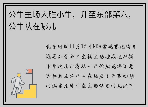 公牛主场大胜小牛,升至东部第六,公牛队在哪儿