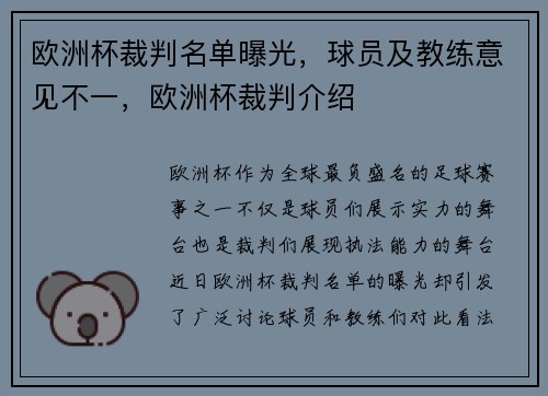 欧洲杯裁判名单曝光，球员及教练意见不一，欧洲杯裁判介绍