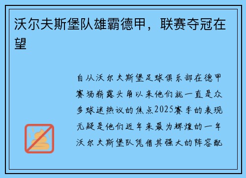 沃尔夫斯堡队雄霸德甲，联赛夺冠在望
