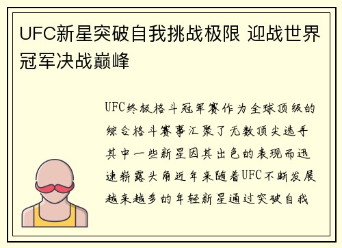 UFC新星突破自我挑战极限 迎战世界冠军决战巅峰