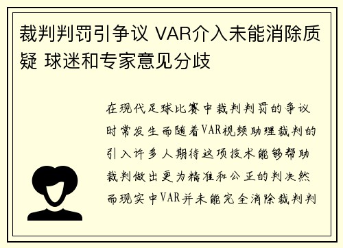 裁判判罚引争议 VAR介入未能消除质疑 球迷和专家意见分歧