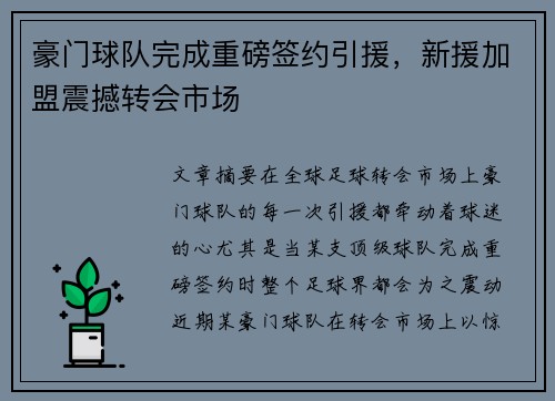 豪门球队完成重磅签约引援，新援加盟震撼转会市场
